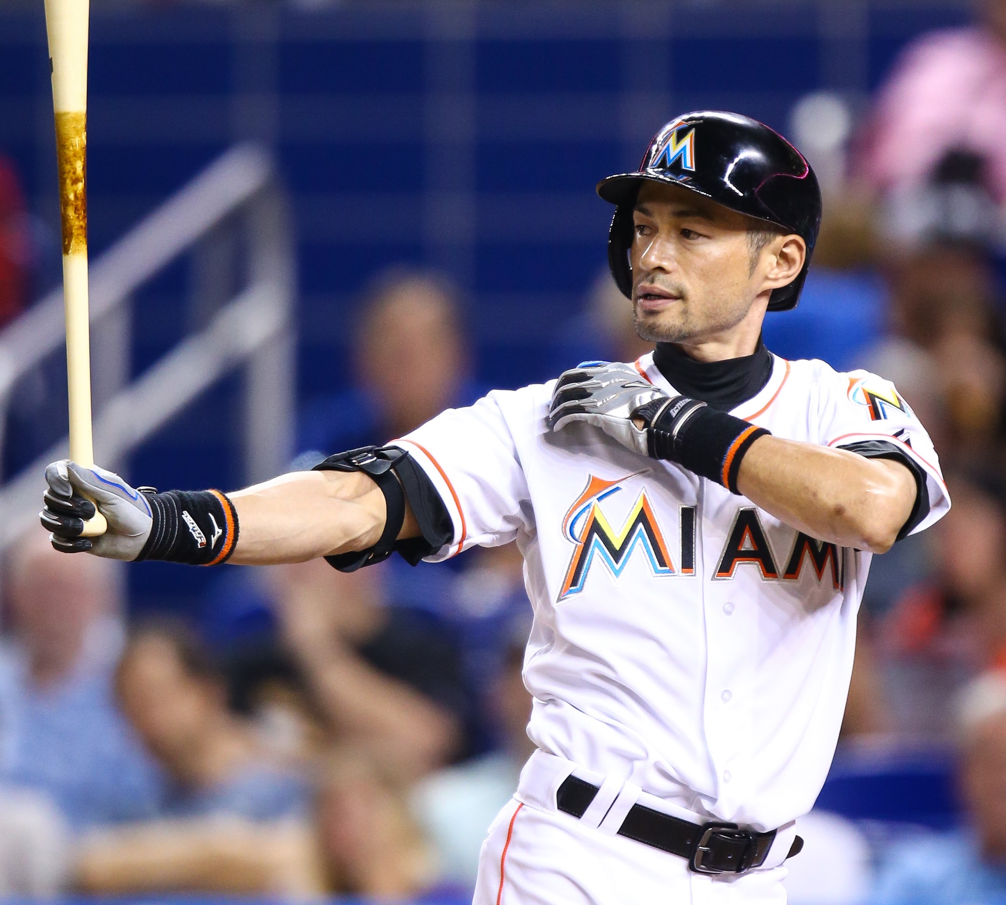 MIAMI, FL - SEPTEMBER 11: Ichiro Suzuki #51 of the Miami Marlins in action during the game against the Washington Nationals at Marlins Park on September 11, 2015 in Miami, Florida. (Photo by Rob Foldy/Getty Images)